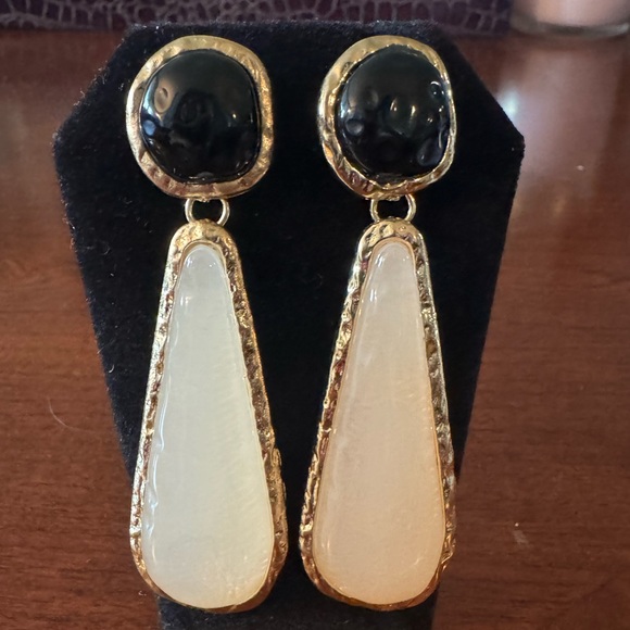 Geometric, Retro Teardrop Large Black, Hold, Cream Pendant Dangling Earrings - Picture 2 of 7